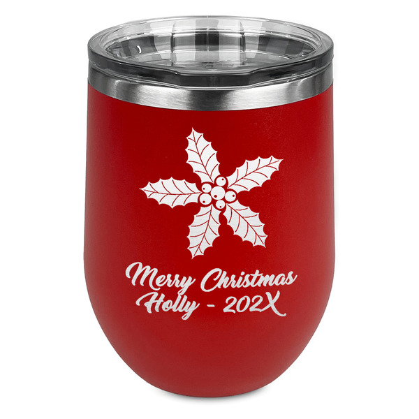 Custom Christmas Holly Stemless Stainless Steel Wine Tumbler - Red - Double Sided (Personalized)