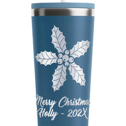 Christmas Holly RTIC Everyday Tumbler with Straw - 28oz - Steel Blue - Double-Sided (Personalized)