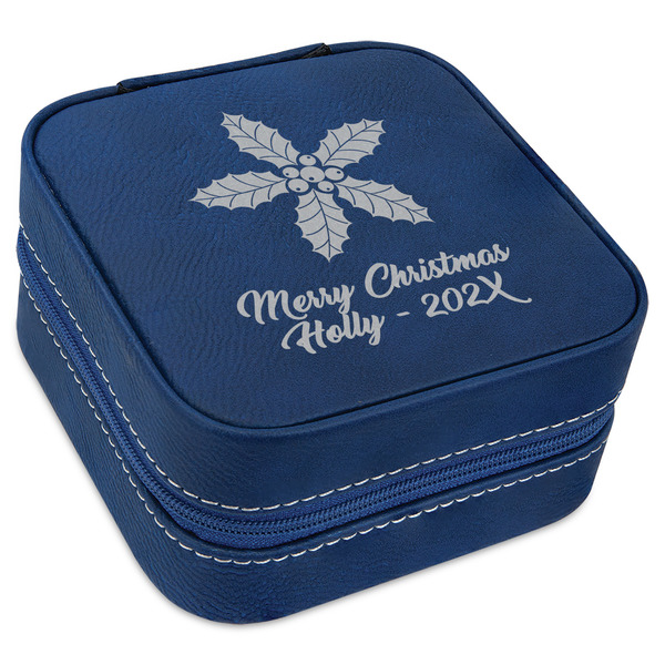 Custom Christmas Holly Travel Jewelry Box - Navy Blue Leather (Personalized)