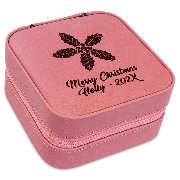 Custom Christmas Holly Travel Jewelry Boxes - Pink Leather (Personalized)