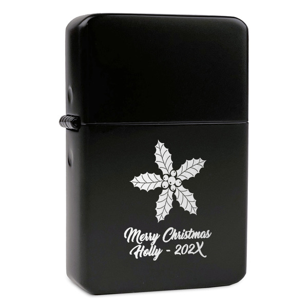 Custom Christmas Holly Windproof Lighter - Black - Double Sided & Lid Engraved (Personalized)