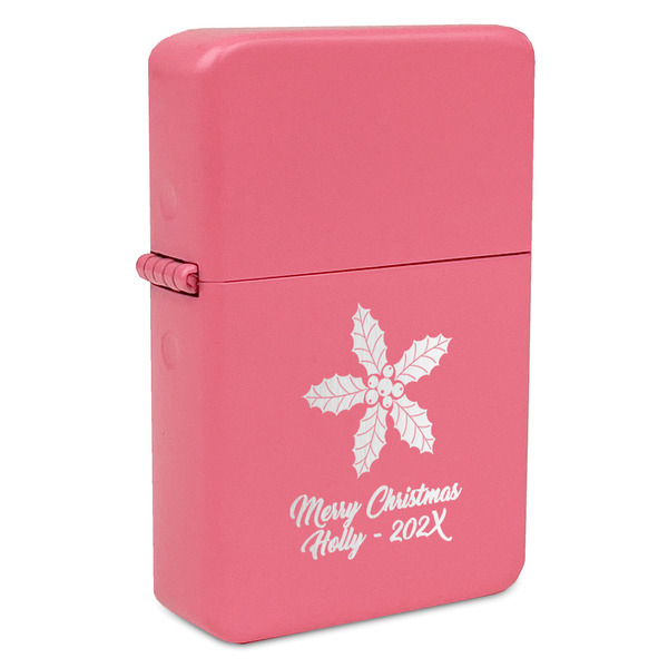 Custom Christmas Holly Windproof Lighter - Pink - Single Sided (Personalized)