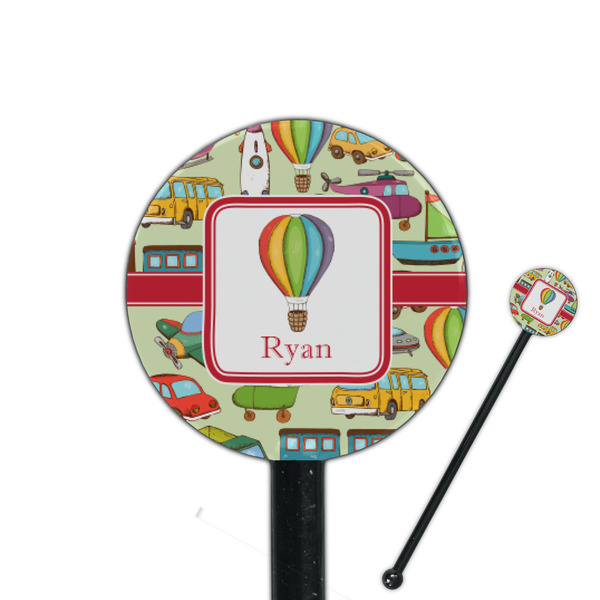 Custom Vintage Transportation 5.5" Round Plastic Stir Sticks - Black - Double Sided (Personalized)