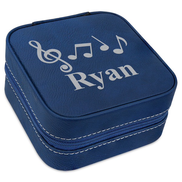 Custom Musical Notes Travel Jewelry Box - Navy Blue Leather (Personalized)