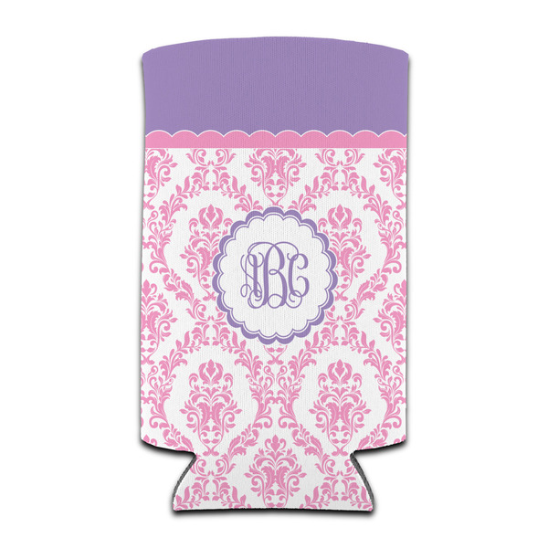 Custom Pink, White & Purple Damask Can Cooler (tall 12 oz) (Personalized)