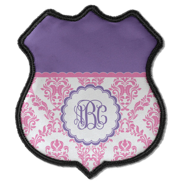 Custom Pink, White & Purple Damask Iron On Shield Patch C w/ Monogram