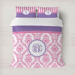 Pink, White & Purple Damask Duvet Cover Set - Full / Queen (Personalized)