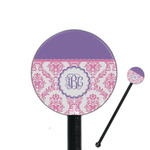 Pink, White & Purple Damask 5.5" Round Plastic Stir Sticks - Black - Double Sided (Personalized)