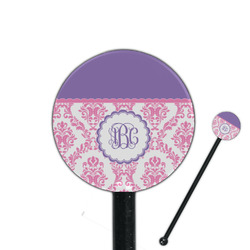 Pink, White & Purple Damask 5.5" Round Plastic Stir Sticks - Black - Single Sided (Personalized)