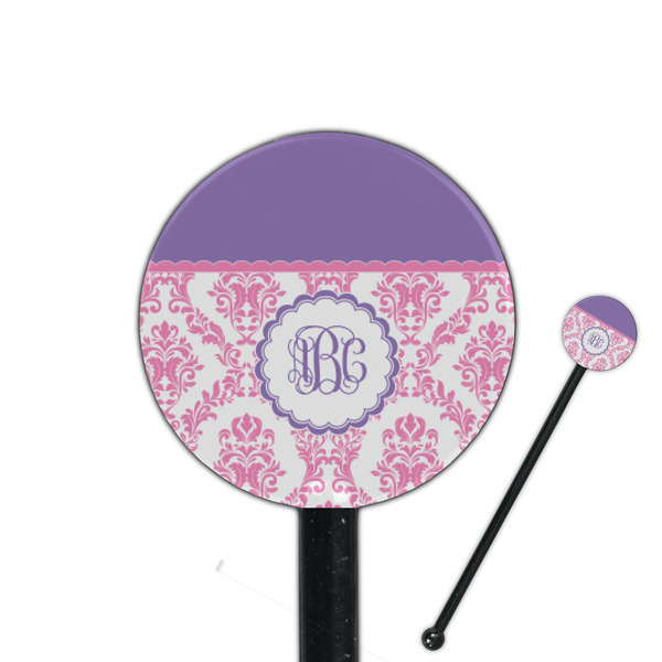 Custom Pink, White & Purple Damask 5.5" Round Plastic Stir Sticks - Black - Double Sided (Personalized)