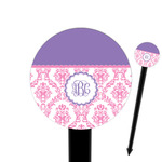 Pink, White & Purple Damask 6" Round Plastic Food Picks - Black - Double Sided (Personalized)