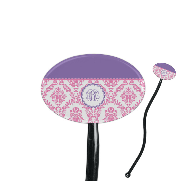 Custom Pink, White & Purple Damask 7" Oval Plastic Stir Sticks - Black - Single Sided (Personalized)