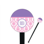 Pink, White & Purple Damask 7" Round Plastic Stir Sticks - Black - Single Sided (Personalized)