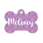 Pink, White & Purple Damask Bone Shaped Dog ID Tag - Small (Personalized)