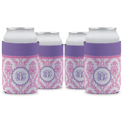 Pink, White & Purple Damask Can Cooler (12 oz) - Set of 4 w/ Monogram