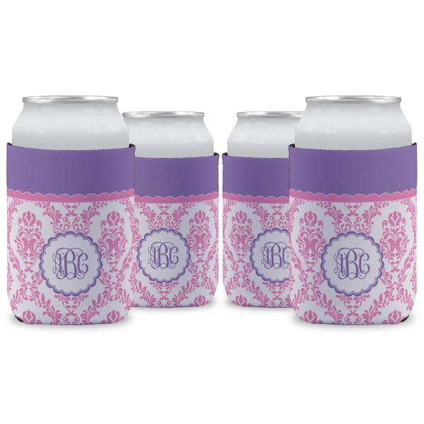 Custom Pink, White & Purple Damask Can Cooler (12 oz) - Set of 4 w/ Monogram