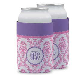 Pink, White & Purple Damask Can Cooler (12 oz) w/ Monogram