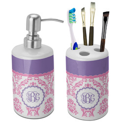 Pink, White & Purple Damask Ceramic Bathroom Accessories Set (Personalized)