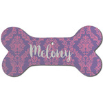 Pink, White & Purple Damask Ceramic Dog Ornament - Front w/ Monogram