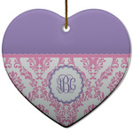 Pink, White & Purple Damask Heart Ceramic Ornament w/ Monogram