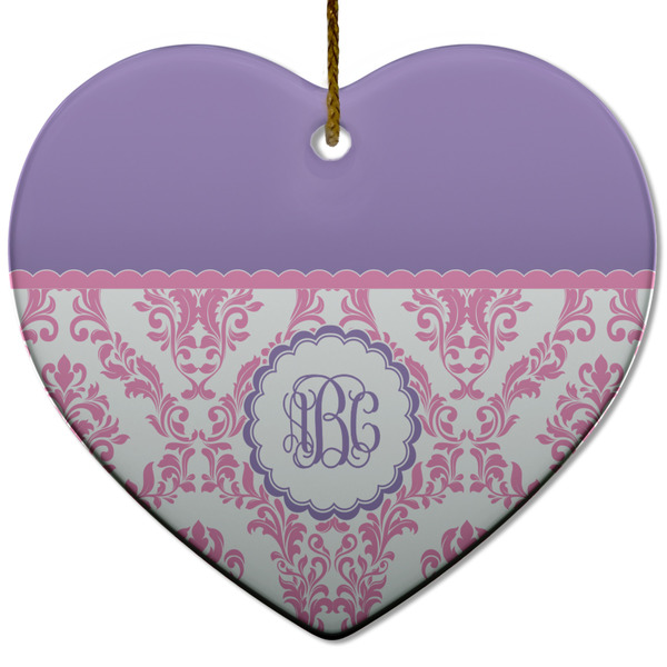 Custom Pink, White & Purple Damask Heart Ceramic Ornament w/ Monogram