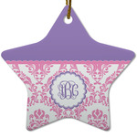 Pink, White & Purple Damask Star Ceramic Ornament w/ Monogram