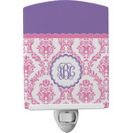 Pink, White & Purple Damask Ceramic Night Light w/ Monogram