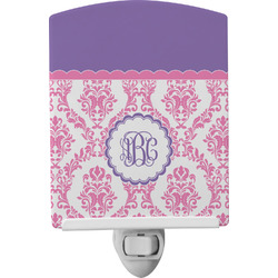 Pink, White & Purple Damask Ceramic Night Light w/ Monogram