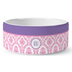 Pink, White & Purple Damask Ceramic Dog Bowl - Medium (Personalized)