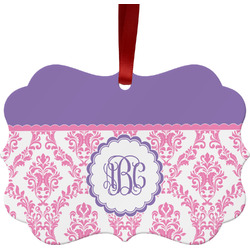 Pink, White & Purple Damask Metal Frame Ornament - Double Sided w/ Monogram