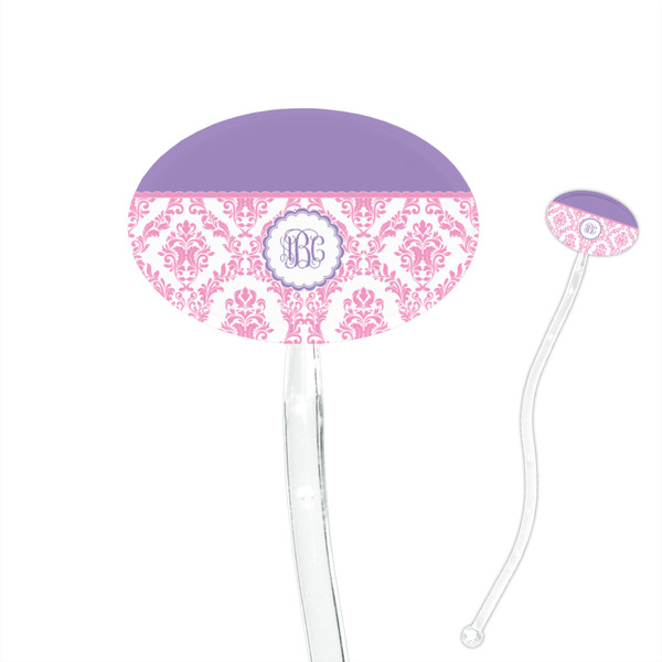 Custom Pink, White & Purple Damask 7" Oval Plastic Stir Sticks - Clear (Personalized)