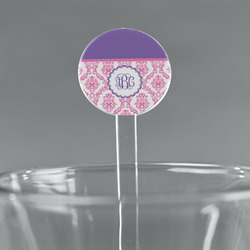 Pink, White & Purple Damask 7" Round Plastic Stir Sticks - Clear (Personalized)