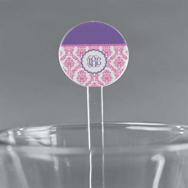 Custom Pink, White & Purple Damask 7" Round Plastic Stir Sticks - Clear (Personalized)