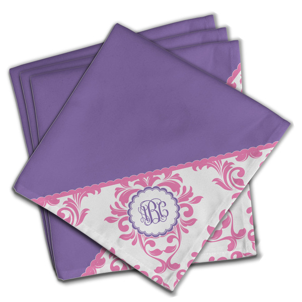 Custom Pink, White & Purple Damask Cloth Dinner Napkins - Set of 4 w/ Monogram