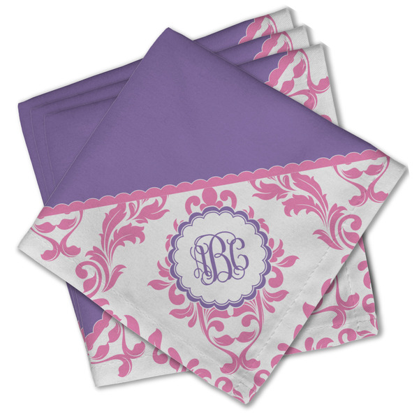 Custom Pink, White & Purple Damask Cloth Cocktail Napkins - Set of 4 w/ Monogram