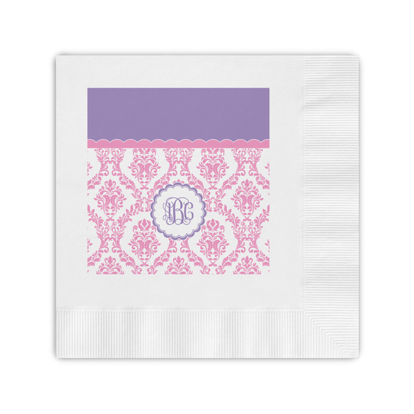 Custom Pink, White & Purple Damask Coined Cocktail Napkins (Personalized)