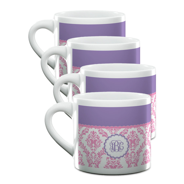 Custom Pink, White & Purple Damask Double Shot Espresso Cups - Set of 4 (Personalized)