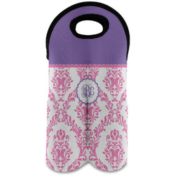 Pink, White & Purple Damask Wine Tote Bag (2 Bottles) w/ Monogram