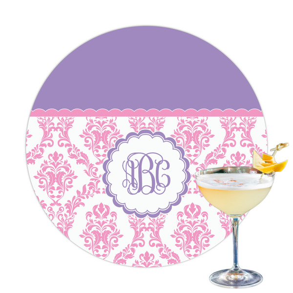 Custom Pink, White & Purple Damask Printed Drink Topper - 3.25" (Personalized)