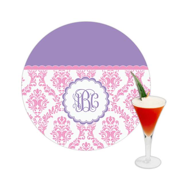 Custom Pink, White & Purple Damask Printed Drink Topper -  2.5" (Personalized)