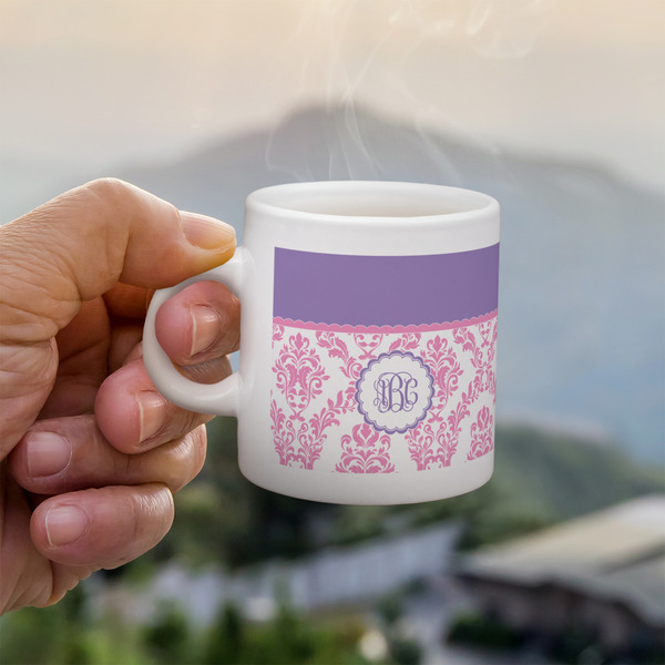 Custom Pink, White & Purple Damask Single Shot Espresso Cup - Single (Personalized)