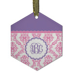 Pink, White & Purple Damask Flat Glass Ornament - Hexagon w/ Monogram