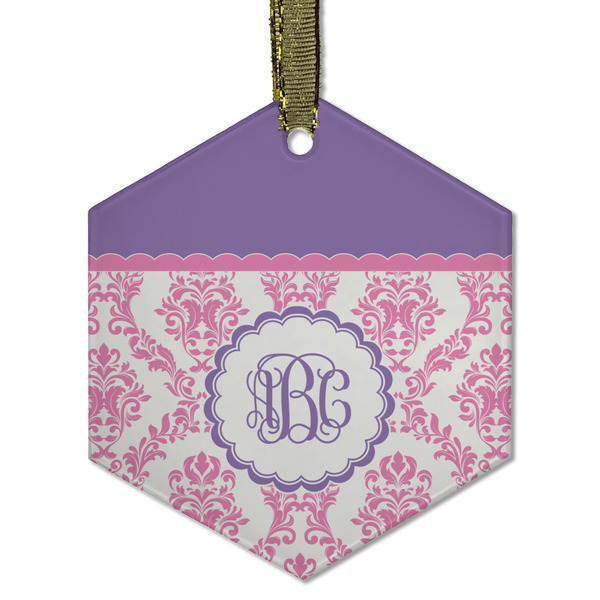 Custom Pink, White & Purple Damask Flat Glass Ornament - Hexagon w/ Monogram