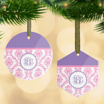 Pink, White & Purple Damask Flat Glass Ornament w/ Monogram