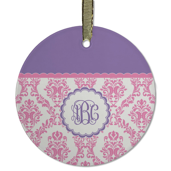 Custom Pink, White & Purple Damask Flat Glass Ornament - Round w/ Monogram