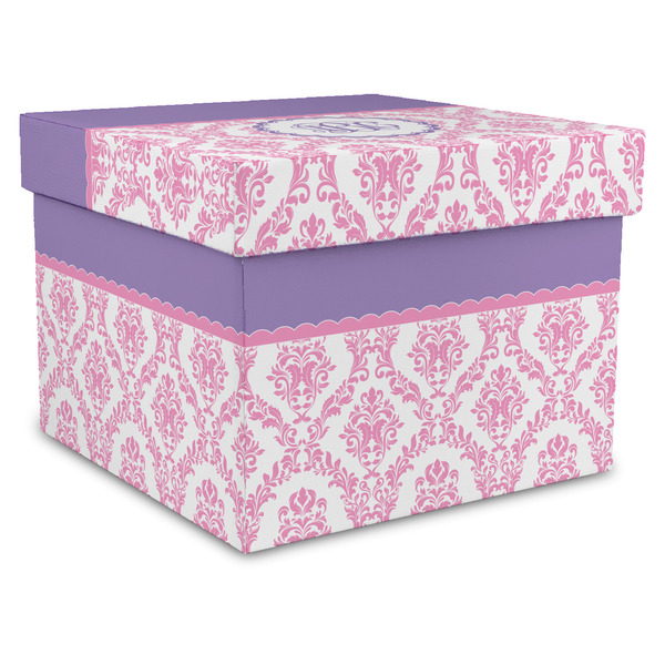 Custom Pink, White & Purple Damask Gift Box with Lid - Canvas Wrapped - X-Large (Personalized)