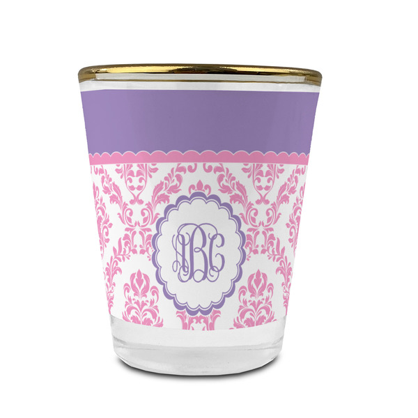 Custom Pink, White & Purple Damask Glass Shot Glass - 1.5 oz - with Gold Rim - Set of 4 (Personalized)