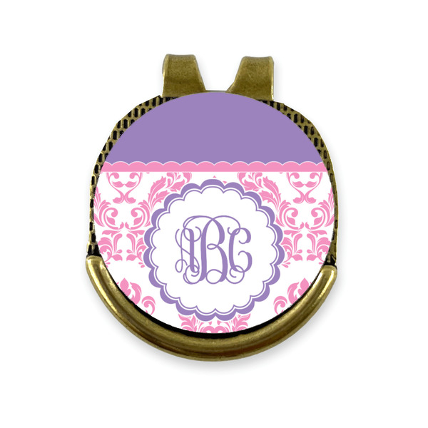 Custom Pink, White & Purple Damask Golf Ball Marker - Hat Clip - Gold