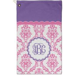 Pink, White & Purple Damask Golf Towel - Poly-Cotton Blend - Small w/ Monograms