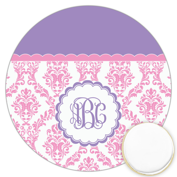 Custom Pink, White & Purple Damask Printed Cookie Topper - 3.25" (Personalized)